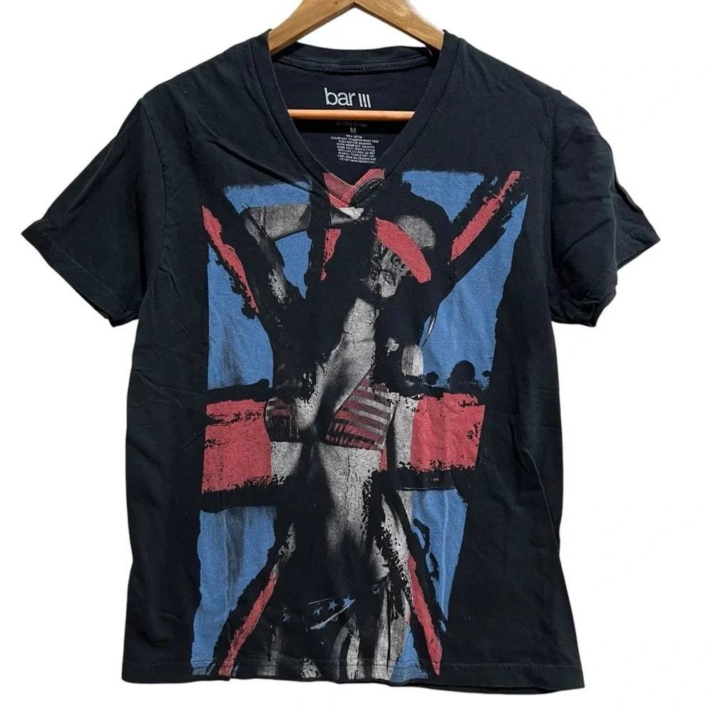 Bar III Mens Black V-Neck Graphic T-Shirt Distressed Flag Bikini Print Size M